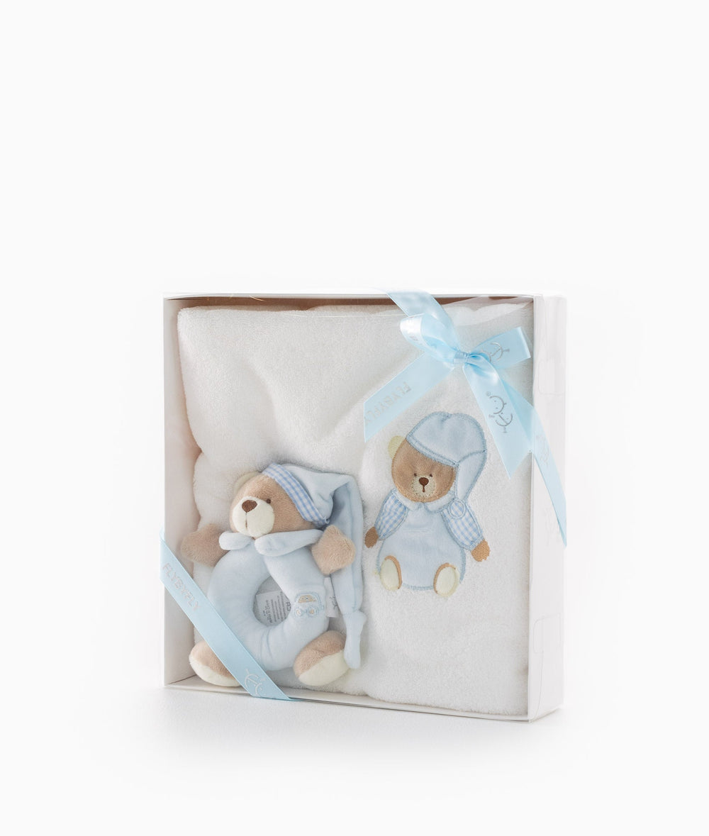 Bear Towel & Rattle Set - Blue